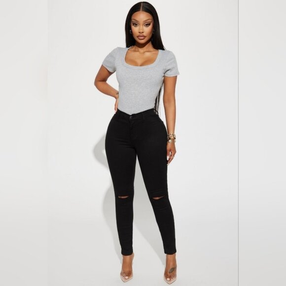 3/$20 Fashion Nova Ripped Knee Skinny Jeans High Waist Black Distressed Denim - Picture 15 of 16